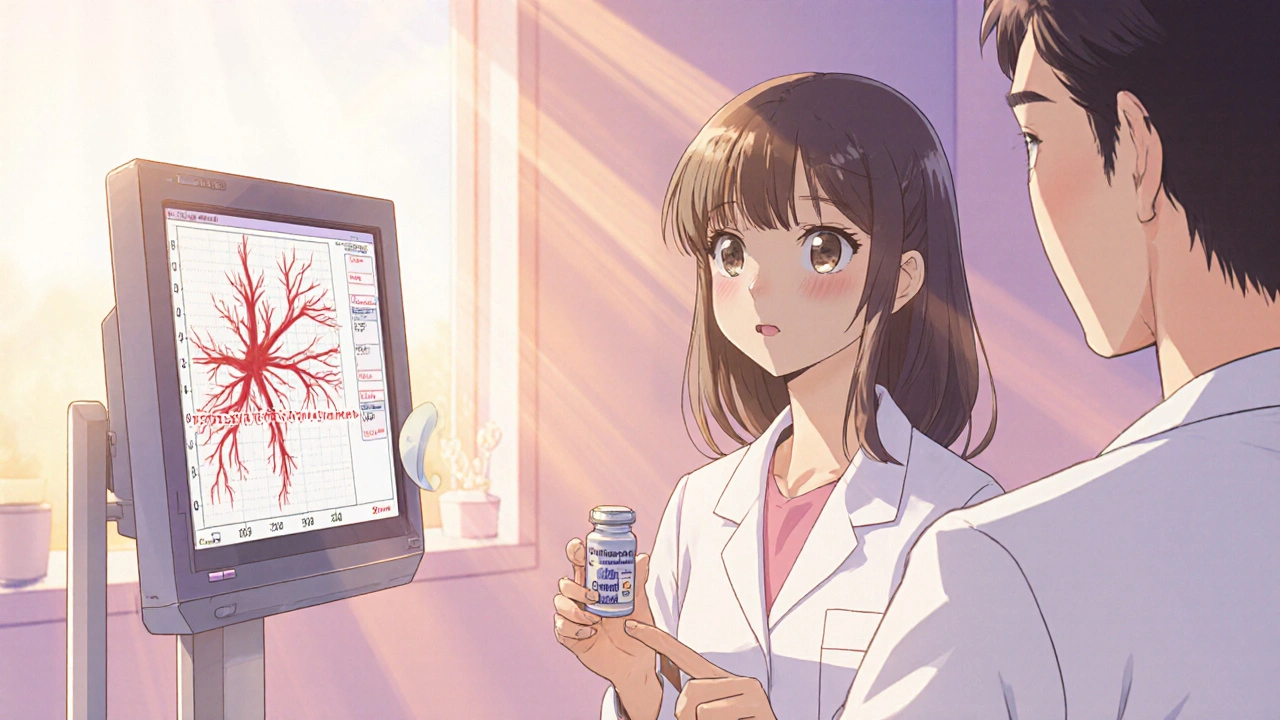 Young woman receives Olmesartan from a doctor, showing a heart monitor dropping pressure.