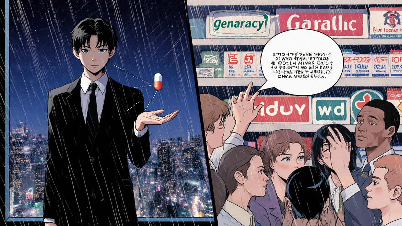 A CEO holding a pill as it connects to patients on a pharmacy shelf under rainy city lights.