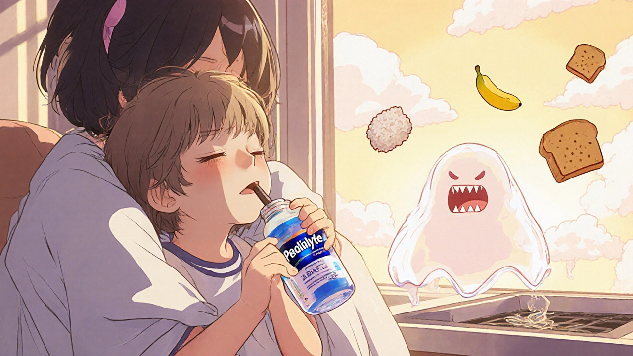 A child drinking electrolyte solution while an older sibling comforts them, with healthy foods floating peacefully in the background.