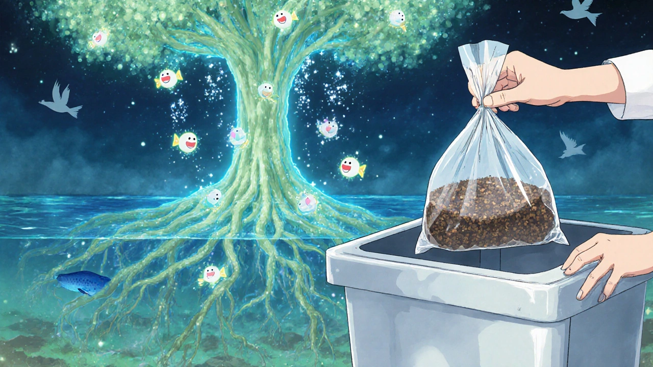 A child puts mixed meds in trash, as ghostly drug molecules dissolve into sparkles beneath a glowing tree of redemption.