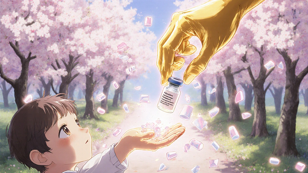 A child receives a vaccine as broken antibiotics fade into light, with flowers blooming around them symbolizing immunity.