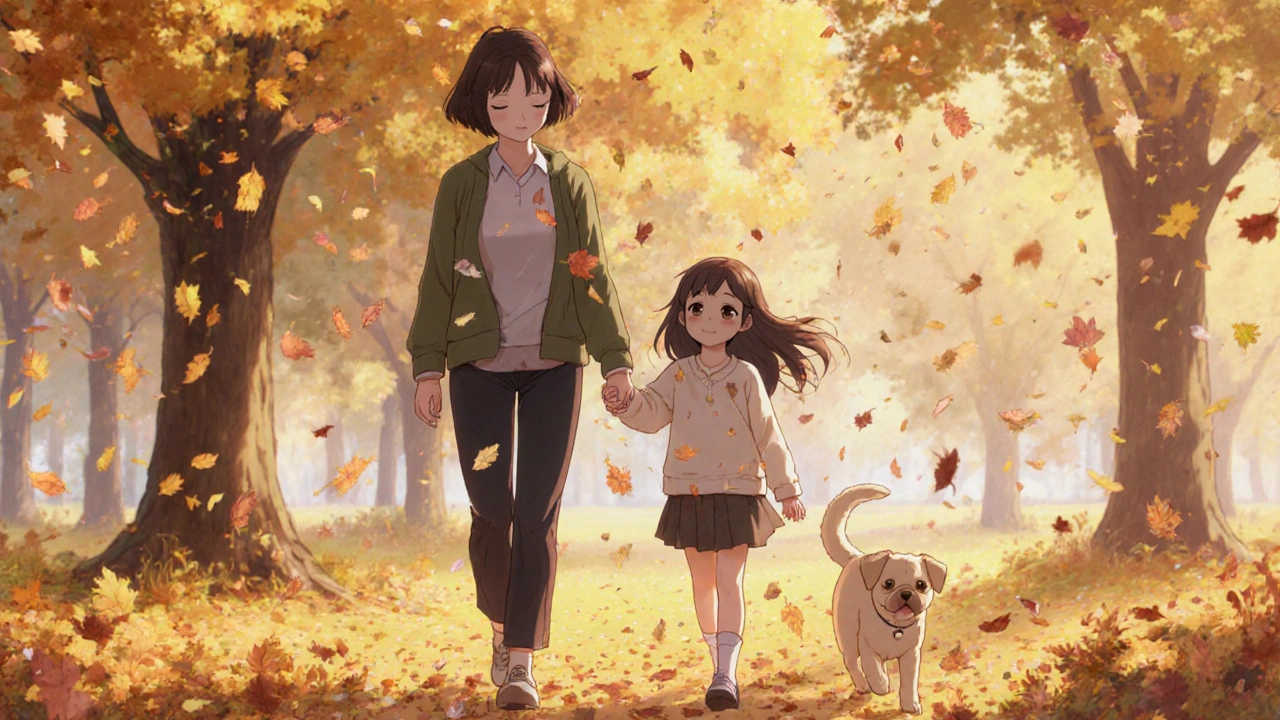 A daughter and mother walking peacefully in an autumn park, their heartbeat glowing steadily, with a dog beside them and falling leaves.