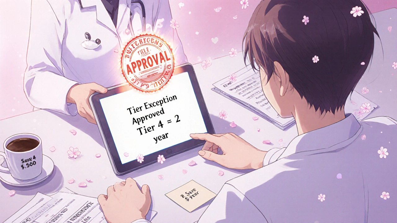 A doctor comforting a patient as an approval stamp glows on a tablet, cherry blossoms floating around them.