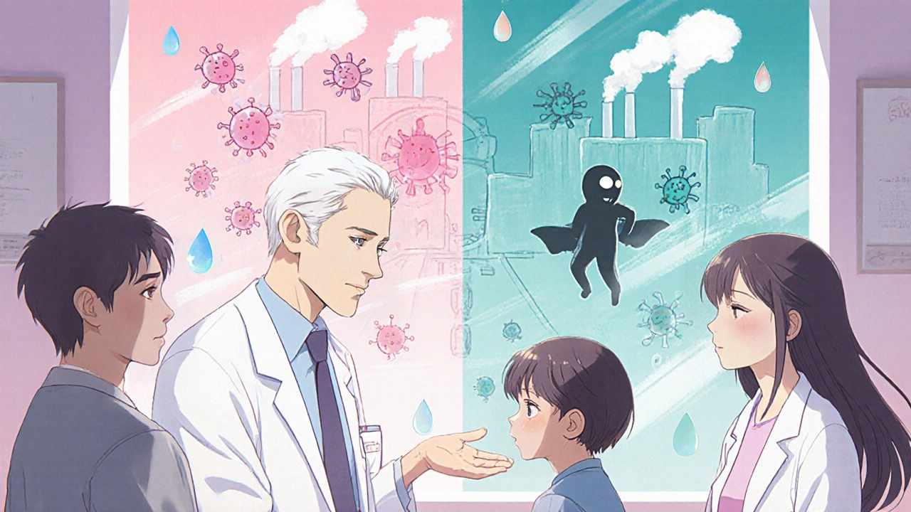 A doctor explains bacterial and viral infections to a parent and child with animated diagrams in the background.