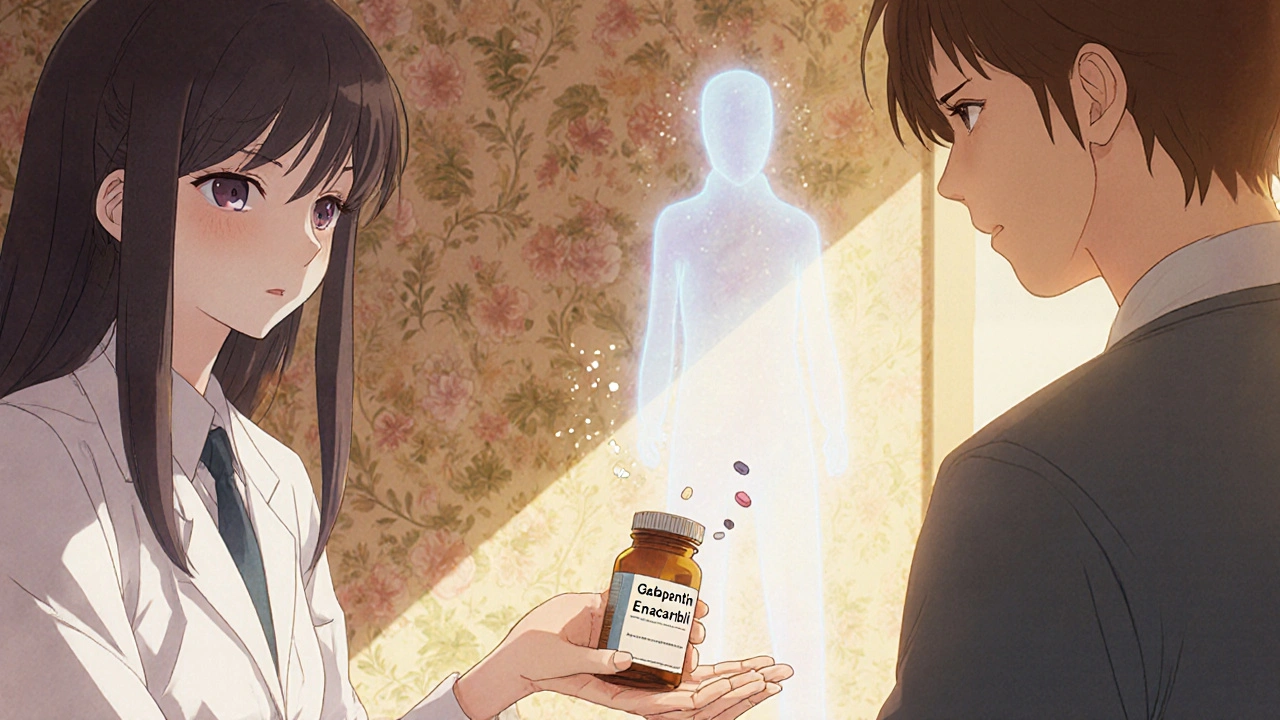 A doctor hands a patient a new RLS medication as an old pill crumbles into dust behind them.