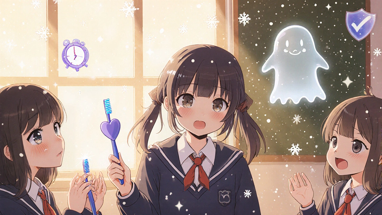 A girl returning to school smiling, friends cheering, a fading bacteria ghost behind her, new toothbrush in hand, winter snow outside.
