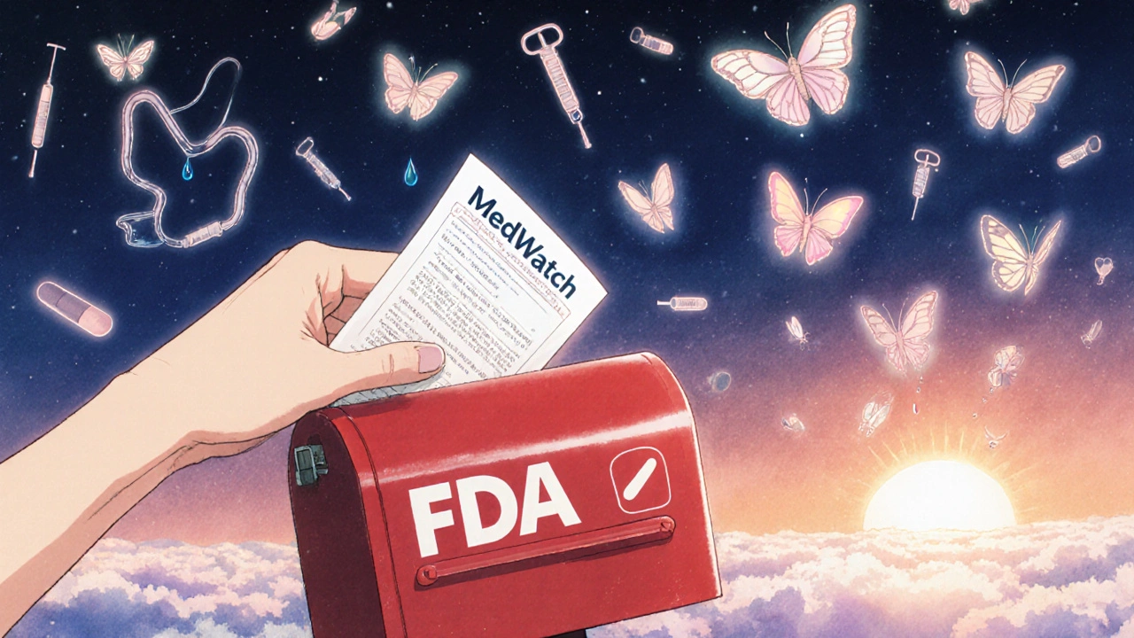 A hand mailing a MedWatch report, floating medical icons turning into butterflies flying toward a sunrise.