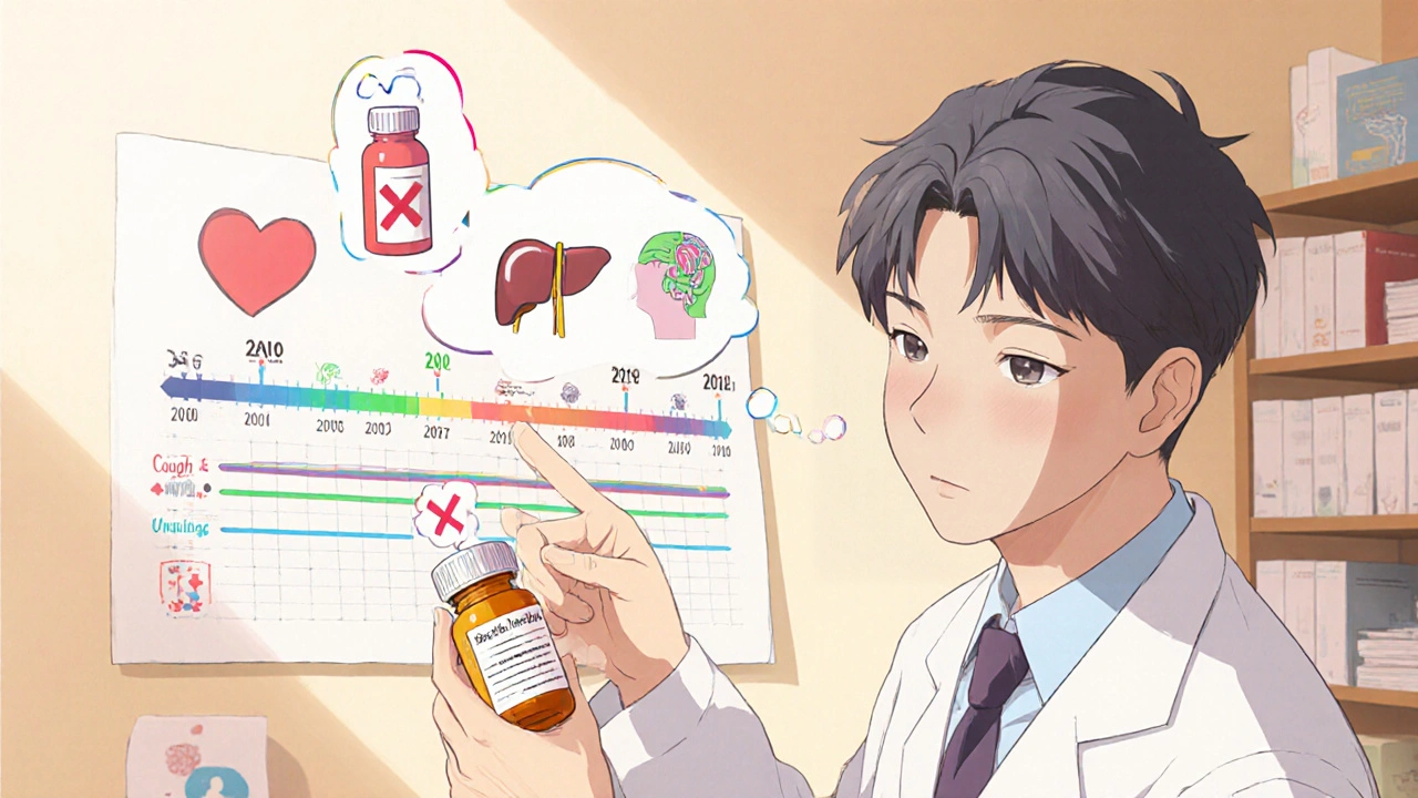 A patient and pharmacist reviewing a timeline chart showing symptom onset linked to medication dates.
