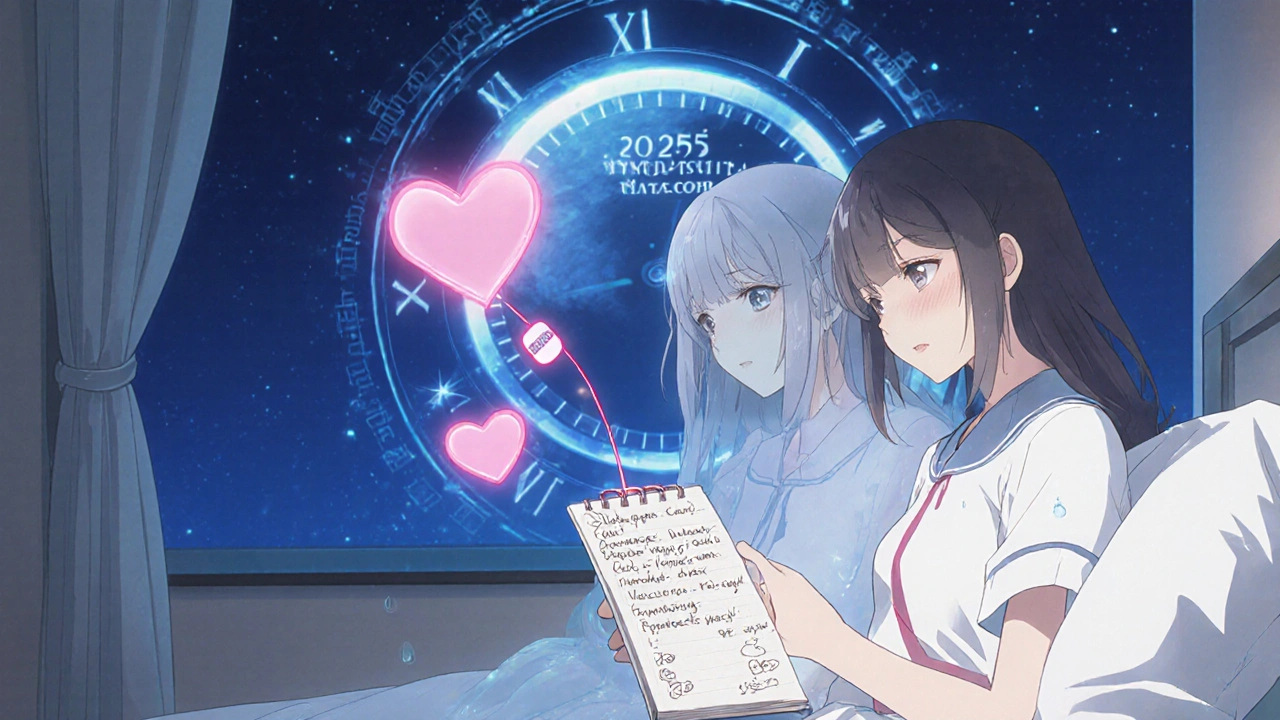 A patient journals about medication changes as a ghostly double of their past self appears beside them under moonlight.