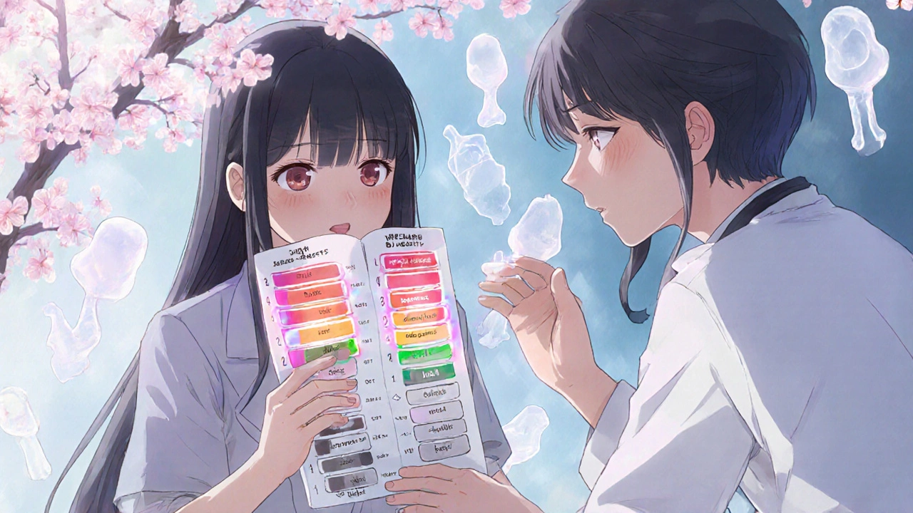 A patient takes a smell test while a doctor comforts her, with abstract scent particles floating around them.