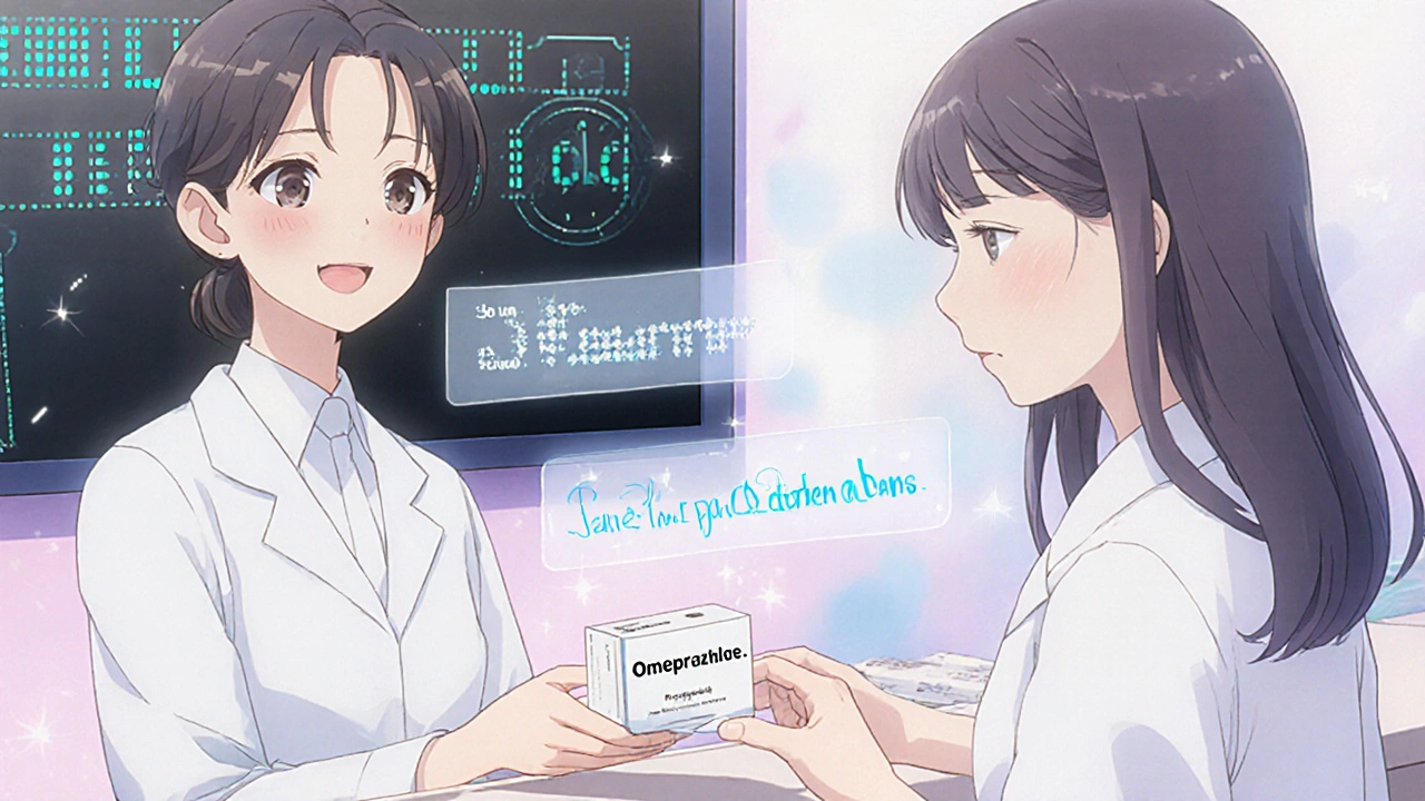 A pharmacist handing a generic medication box to a patient with floating label ghosts.