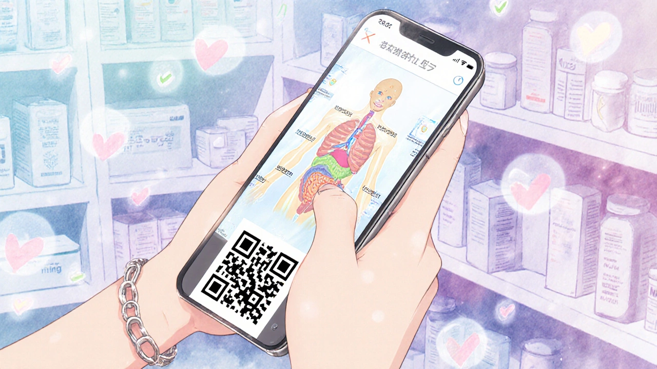 A smartphone displays a floating 3D animation showing how a pill works in the body with safety warnings.