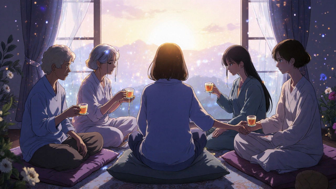 A supportive group of heart patients sitting in a circle, holding hands, glowing with calm light as sunrise shines through a window.