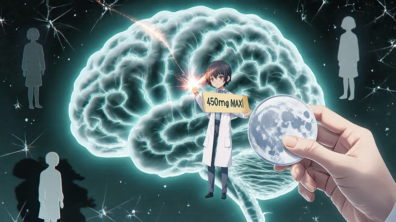A surreal brain diagram with a dangerous spark and warning sign, contrasted by a calming moon-shaped pill.