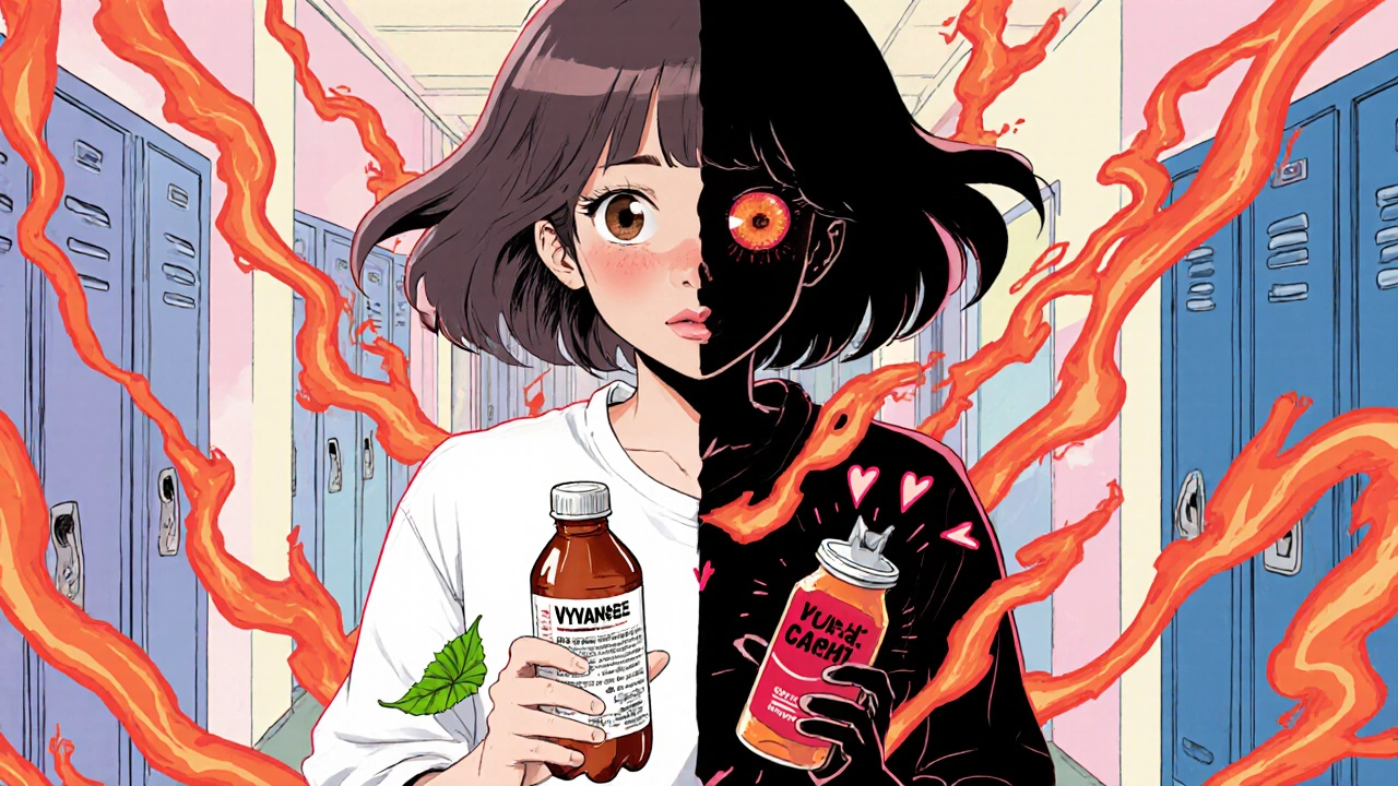 A teen with energy drink and ADHD med, chaotic energy swirls, panicked expression, green tea leaf nearby.