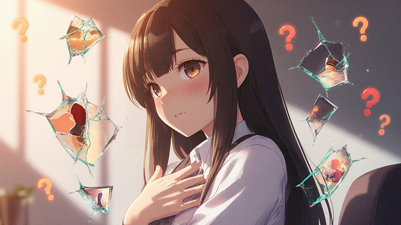 A teenager in therapy surrounded by floating shards of anxiety, reflecting moments of restlessness and emotional turmoil.