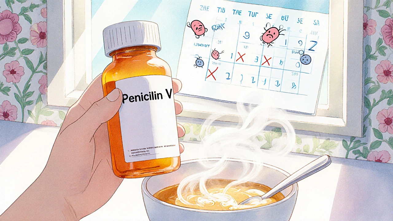 A teenager’s hand beside a penicillin prescription and soup, sunlight on a 10-day calendar, bacteria being defeated by tiny pills.