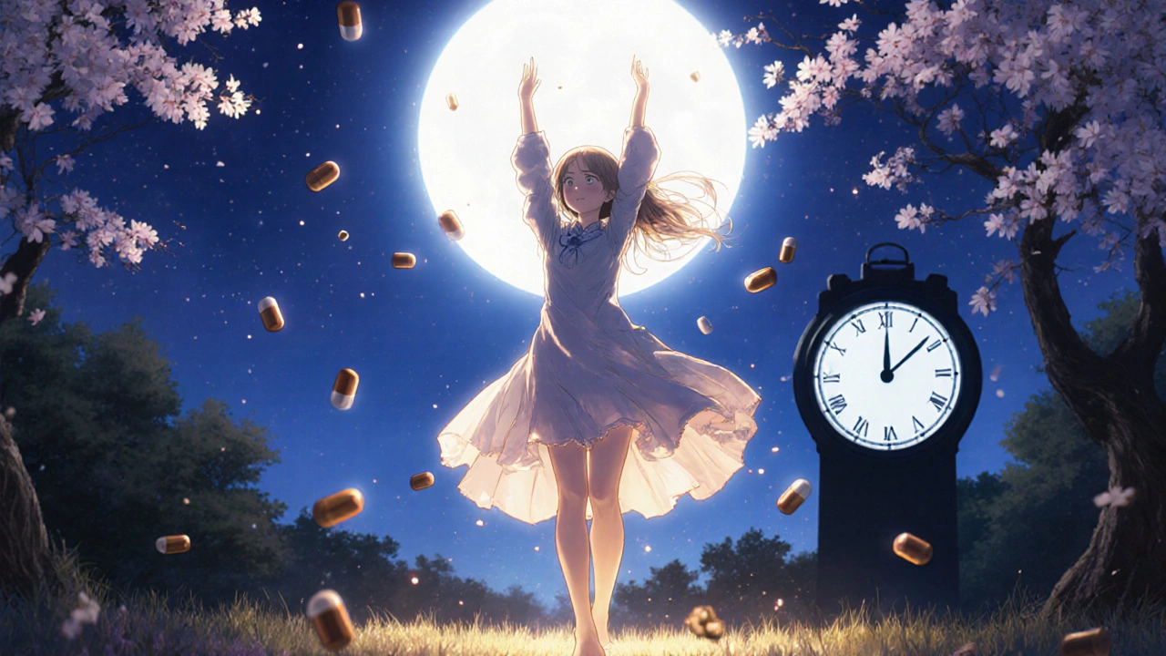 A woman walks peacefully at night, golden light surrounding her legs as iron capsules float around her.