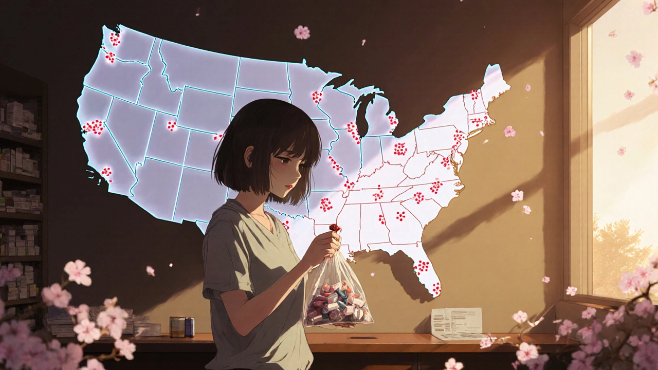 A young woman at a pharmacy holds expired meds, while a faint map shows few take-back locations across the U.S.