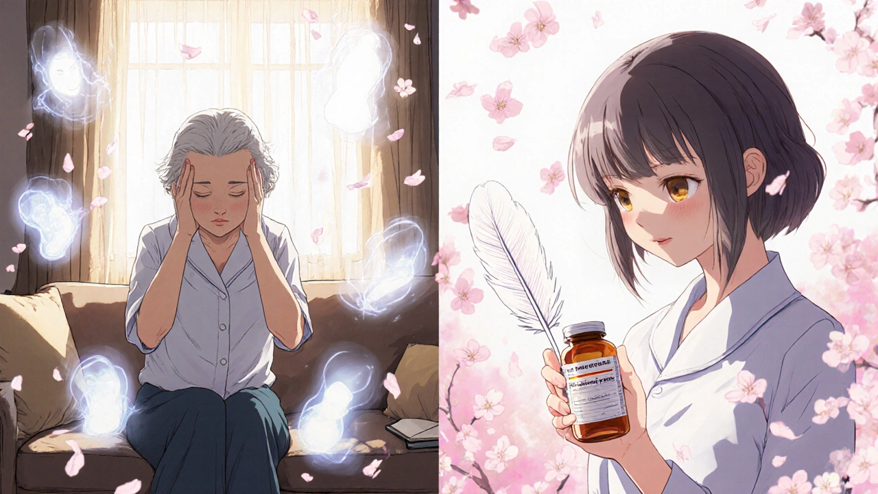 An elderly woman transitioning from confusion to relief after identifying a medication side effect.