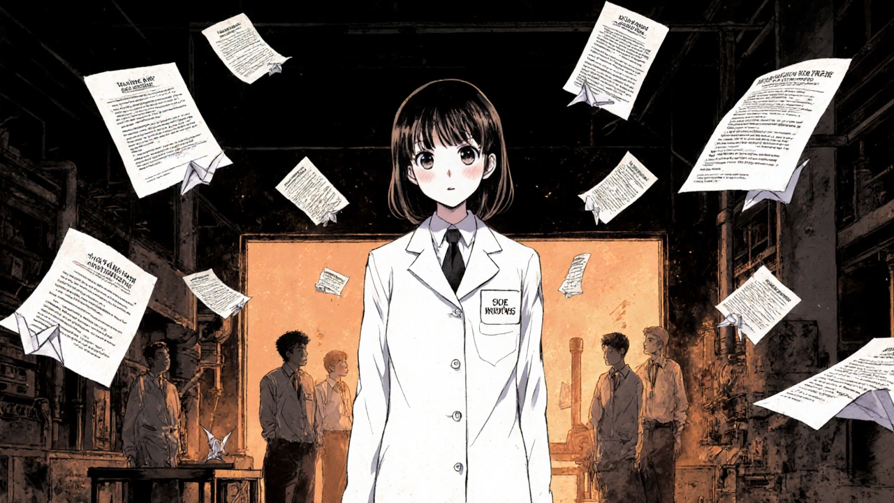 An FDA inspector conducts an unannounced inspection in a foreign pharmaceutical factory, with violation notices floating nearby.