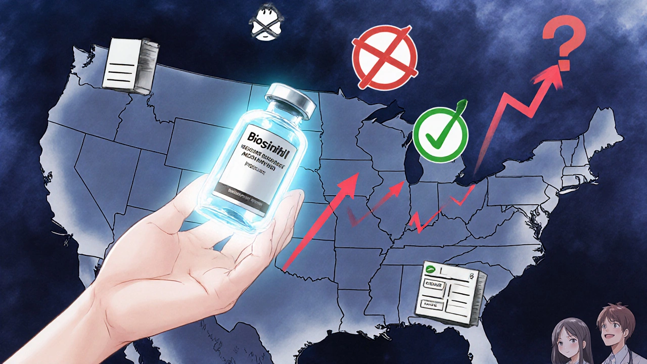 An insulin vial transforms into a biosimilar as EHR issues fade away, symbolizing improved patient access and safety.