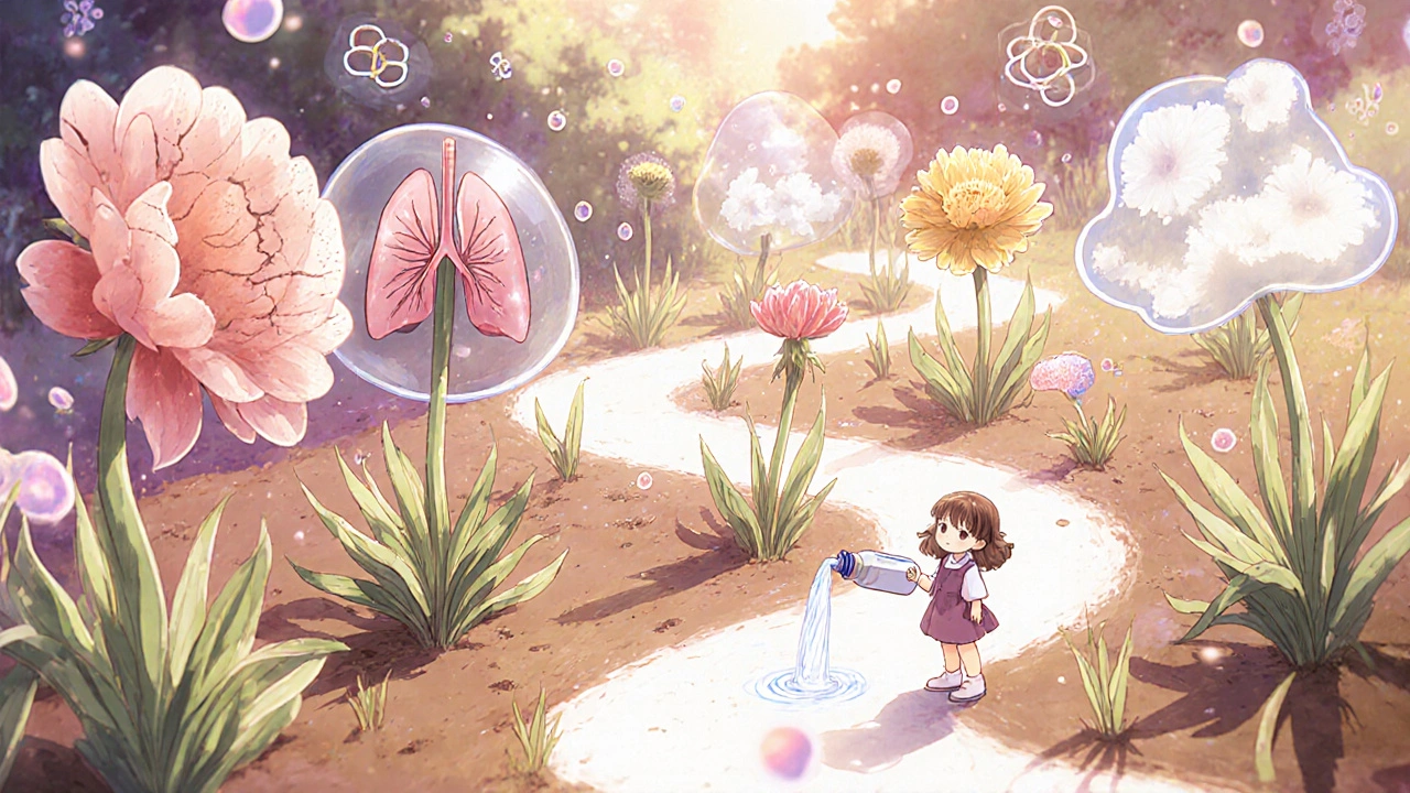 Child watering a path of allergic conditions, turning them into protected flowers.