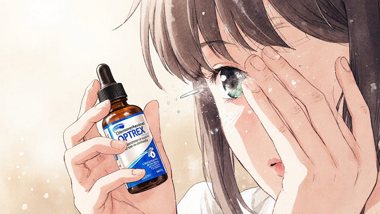 Close-up of hand applying eye drops to lower eyelid, glowing particles represent antibiotic action.