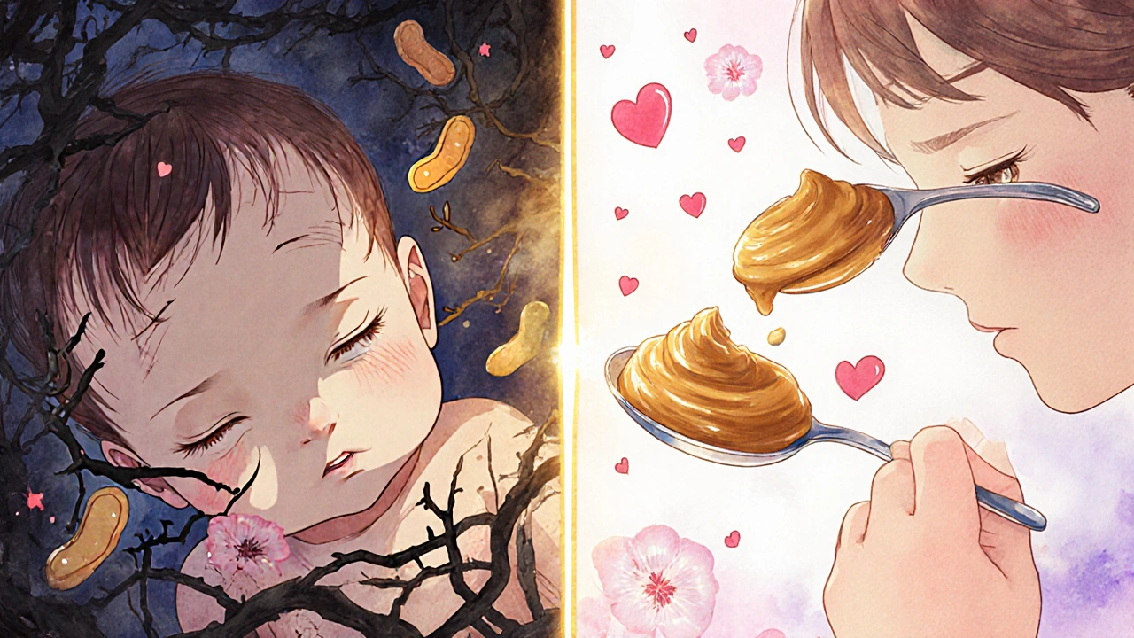 Contrasting images of allergens entering skin vs. peanut being eaten by baby.