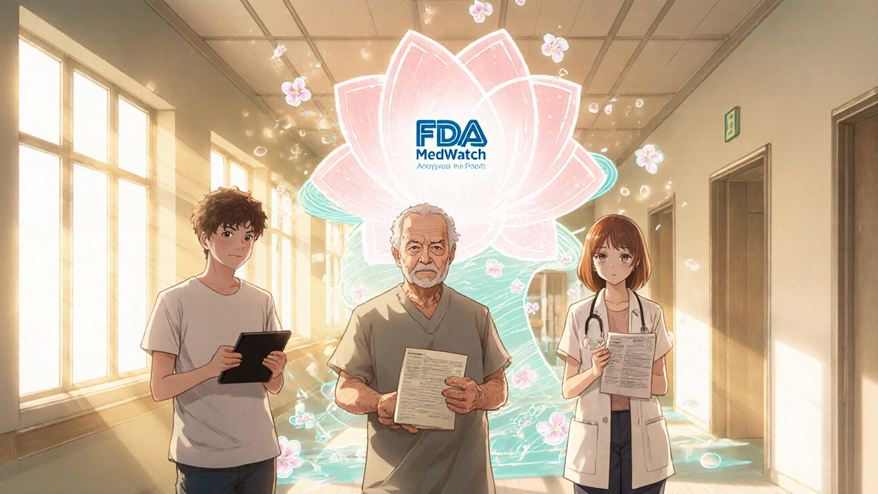 Diverse individuals submitting MedWatch reports in a hospital hallway, glowing digital reports flowing into a lotus-shaped symbol.