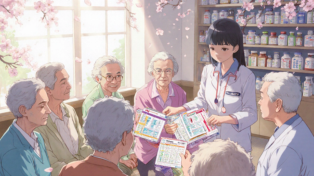 Elderly patients smile as they are given large-print medication handouts in multiple languages.
