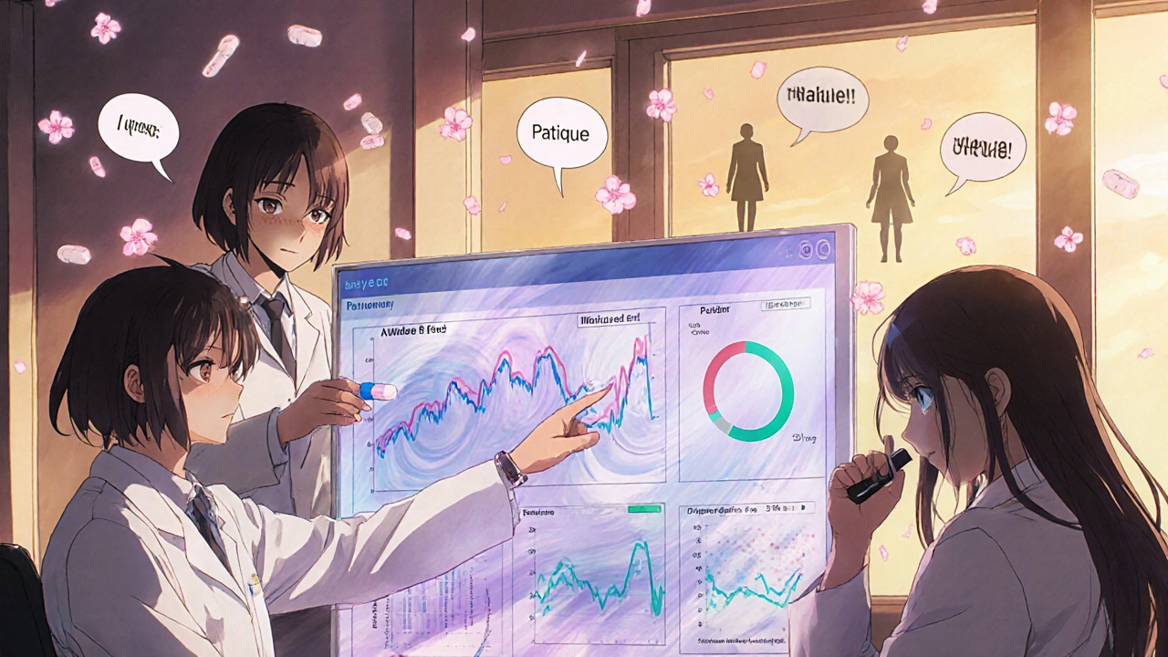 FDA analysts study a holographic dashboard of adverse event data, with floating patient symptoms and soft cherry blossoms in the background.