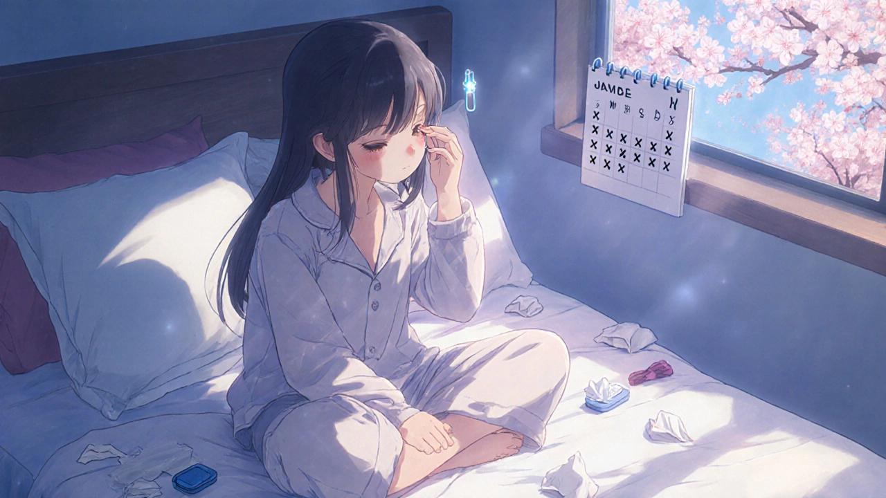 Girl resting on bed after eye treatment, used tissues and contact case nearby, blossoms outside window.