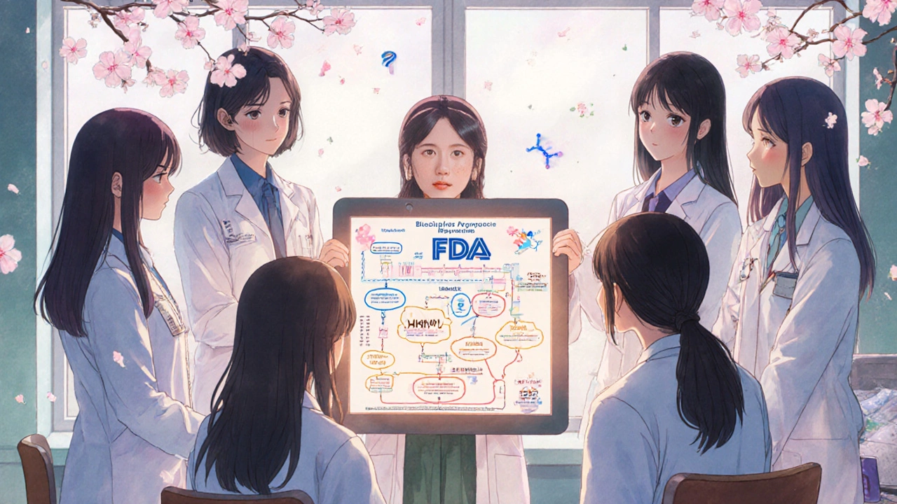 Healthcare providers learn about biosimilars from a pharmacist using a glowing flowchart in a hospital break room.