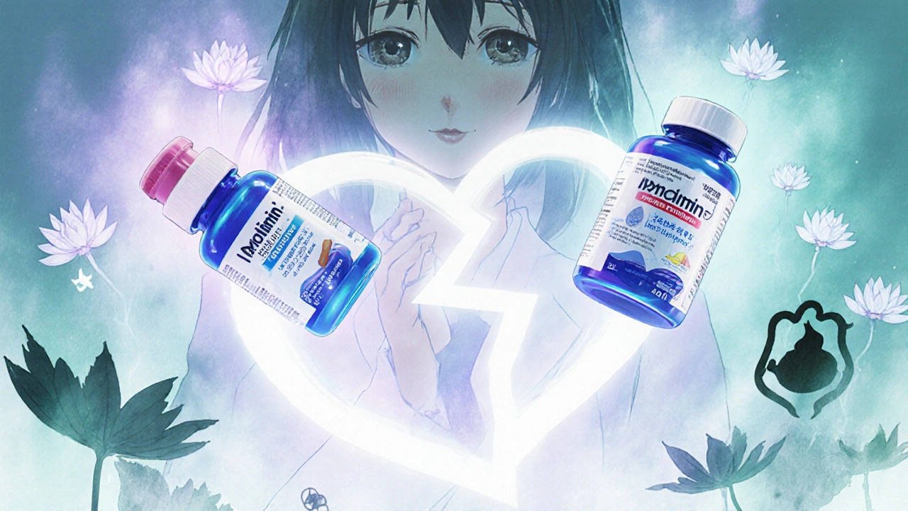 Imodium and Pepto-Bismol bottles float with a glowing warning heart, surrounded by lotus flowers and black stool symbols.