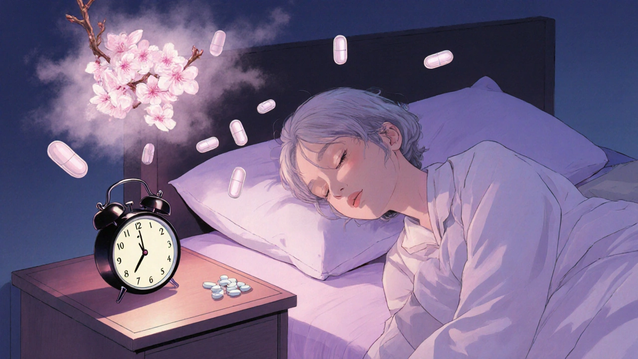 Older adult sleeping peacefully with one pill on nightstand, scattered pills fading into cherry blossoms.