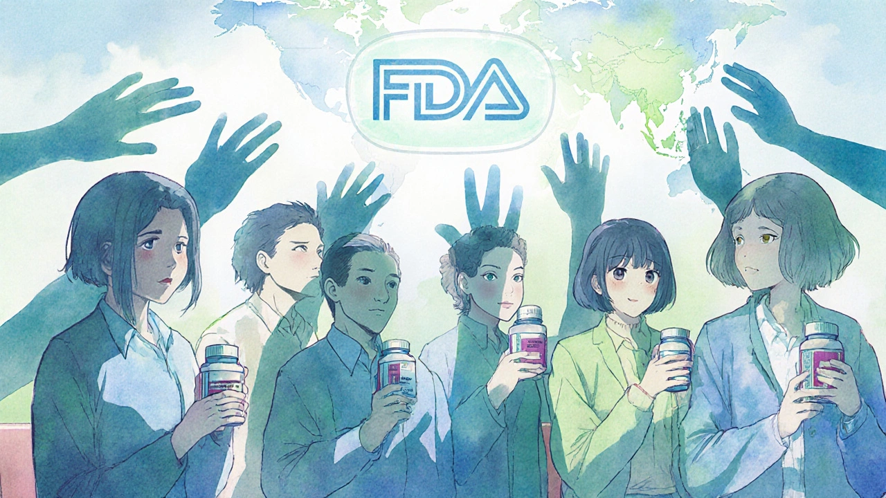 Patients in a pharmacy hold generic drugs, their shadows forming connected hands reaching across oceans.