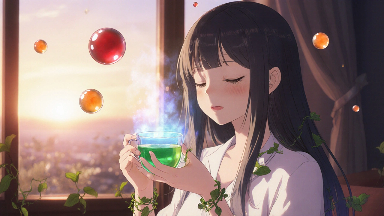 Person meditating with green tea, calming glow, caffeine and medication orbs dissolving into mist.