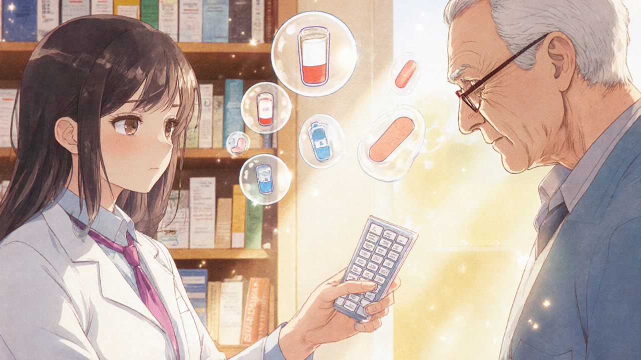 Pharmacist handing a labeled pill organizer to an older adult with floating merged medication icons.
