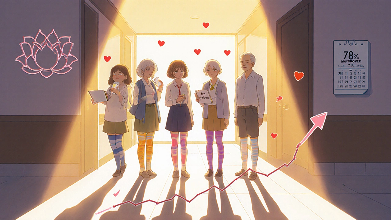 Seniors standing together in hallway, wearing compression stockings, symbols of recovery around them.