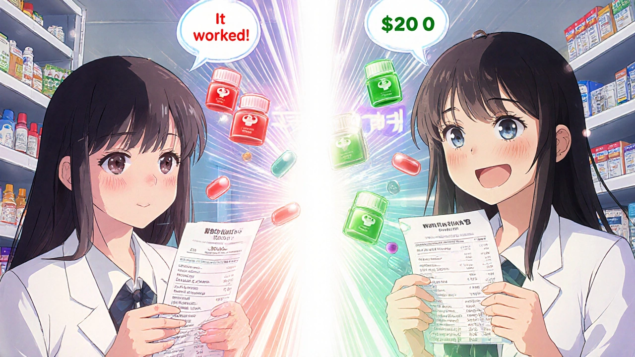 Split scene: person crying over a high drug bill, then smiling with a low copay receipt, light connecting both.