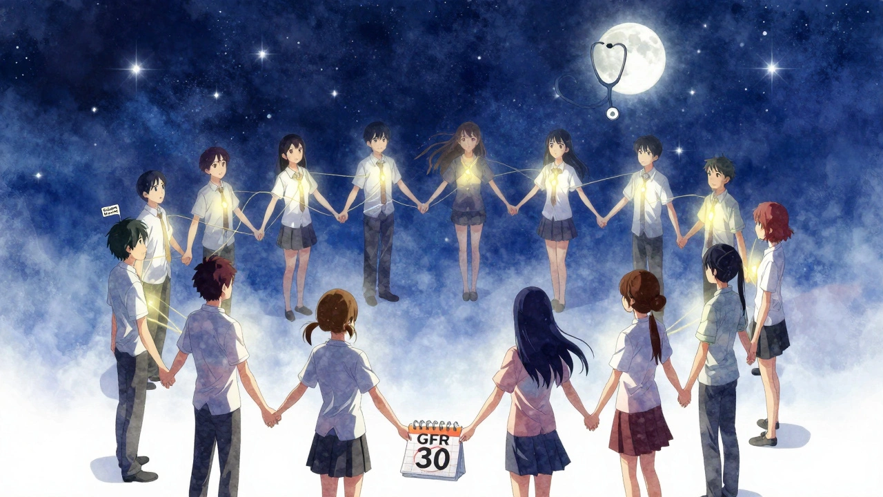 A circle of diverse people holding glowing kidney lights under a starry sky with a stethoscope-shaped moon.