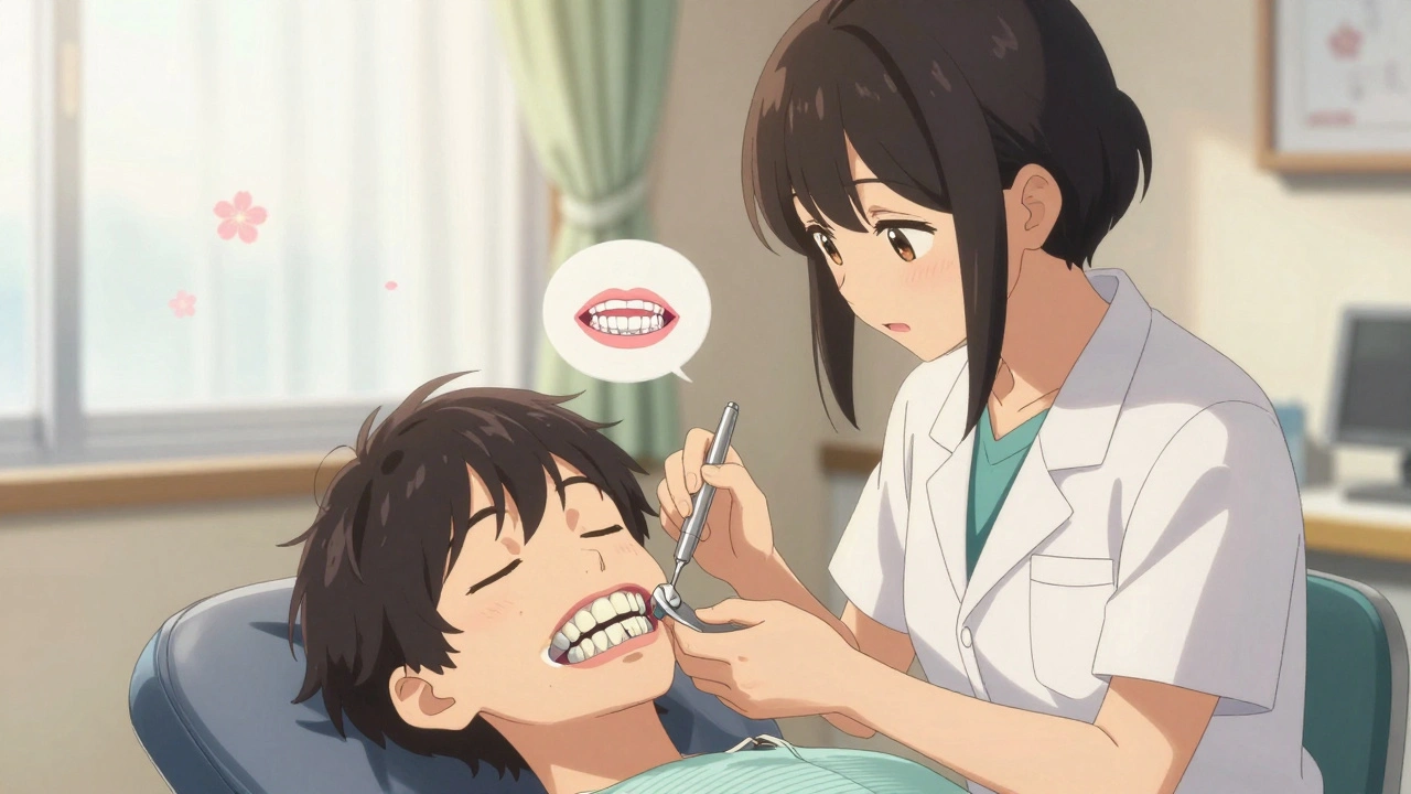 A dentist adjusting a mandibular advancement device in a warm, sunlit clinic with floating anatomical diagrams.