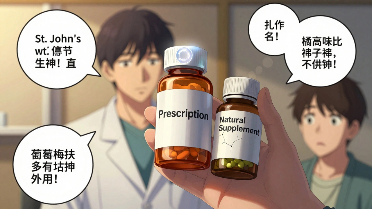 A doctor contrasts a prescription bottle with a natural supplement, showing dangerous drug interactions in floating thought bubbles.