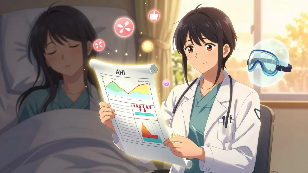 A doctor holds a glowing report showing sleep data icons, with a before-and-after contrast of tiredness and renewed energy.