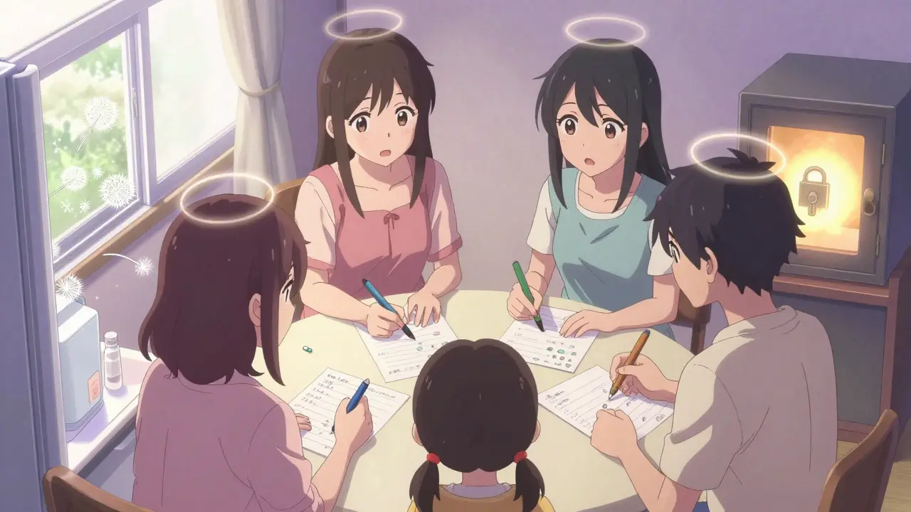 A family updates a medication log together on the fridge, each holding a colored pen, with a safe glowing softly in the background.