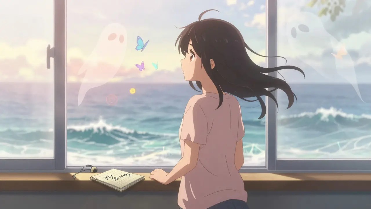 A girl at a window as ringing sounds transform into butterflies and chimes, with a hearing aid and recovery notebook nearby.