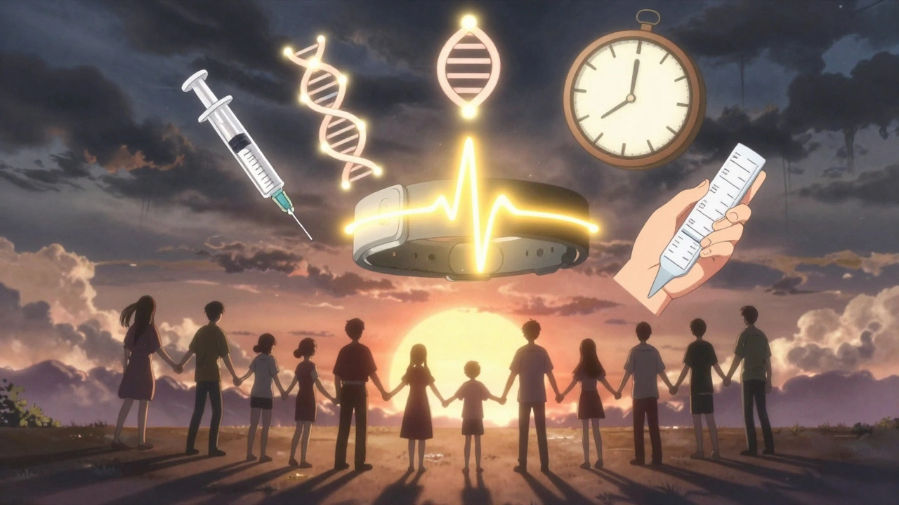 A glowing medical alert bracelet pulses with symbols of hydrocortisone, DNA, and a tapering chart under sunrise.