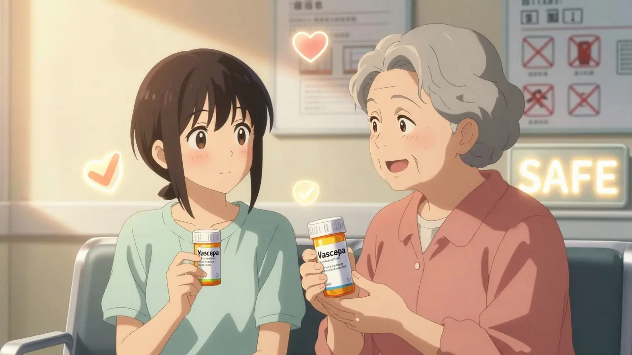 A grandmother and teenager smiling in a hospital waiting room, holding fish oil bottles with glowing safety symbols around them.