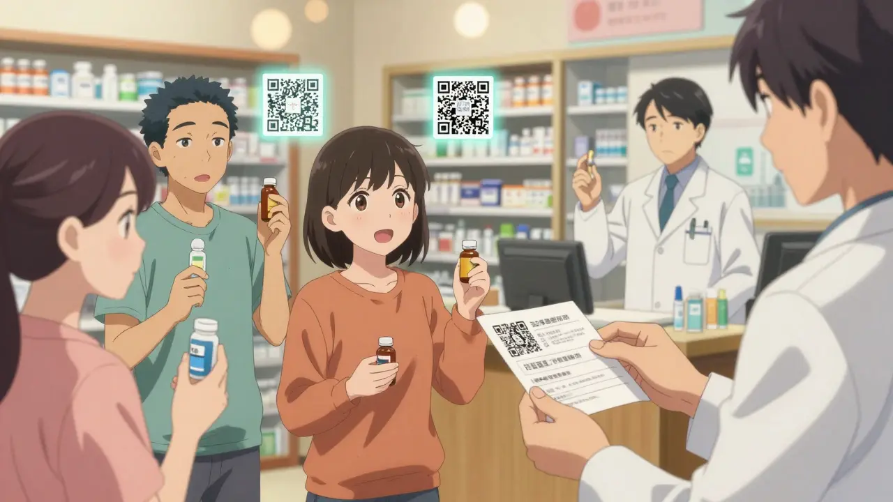 A group of patients in a pharmacy with glowing QR codes above their bottles projecting educational videos.